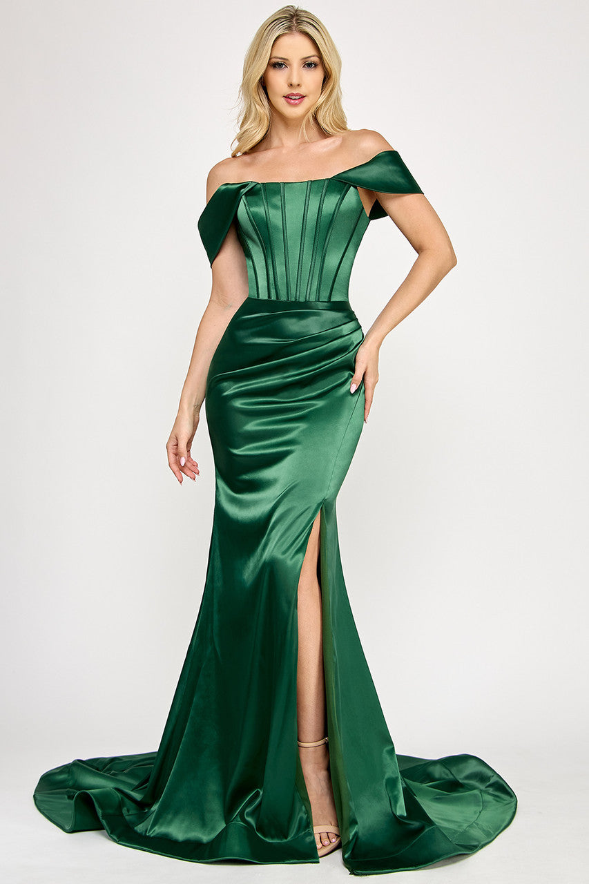 Off Shoulder Satin Mermaid Evening Gown with Corset Bodice Slit & Train by Lenovia 8359
