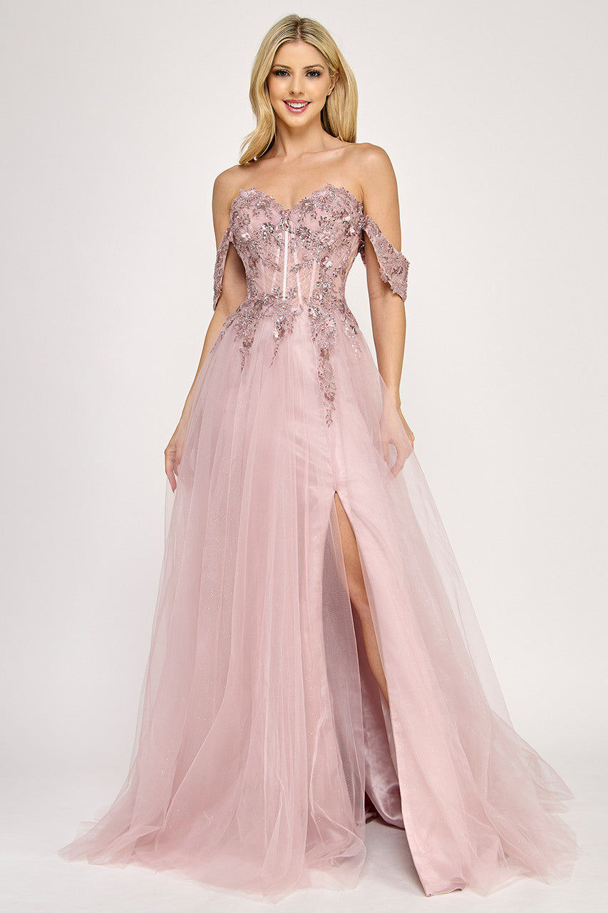 Lenovia 8399 Embroidered Mesh Strapless Off-Shoulder A-line Dress