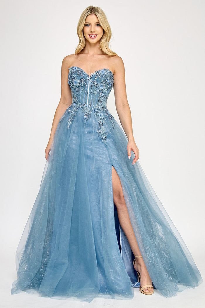 Lenovia 8399 Embroidered Mesh Strapless Off-Shoulder A-line Dress