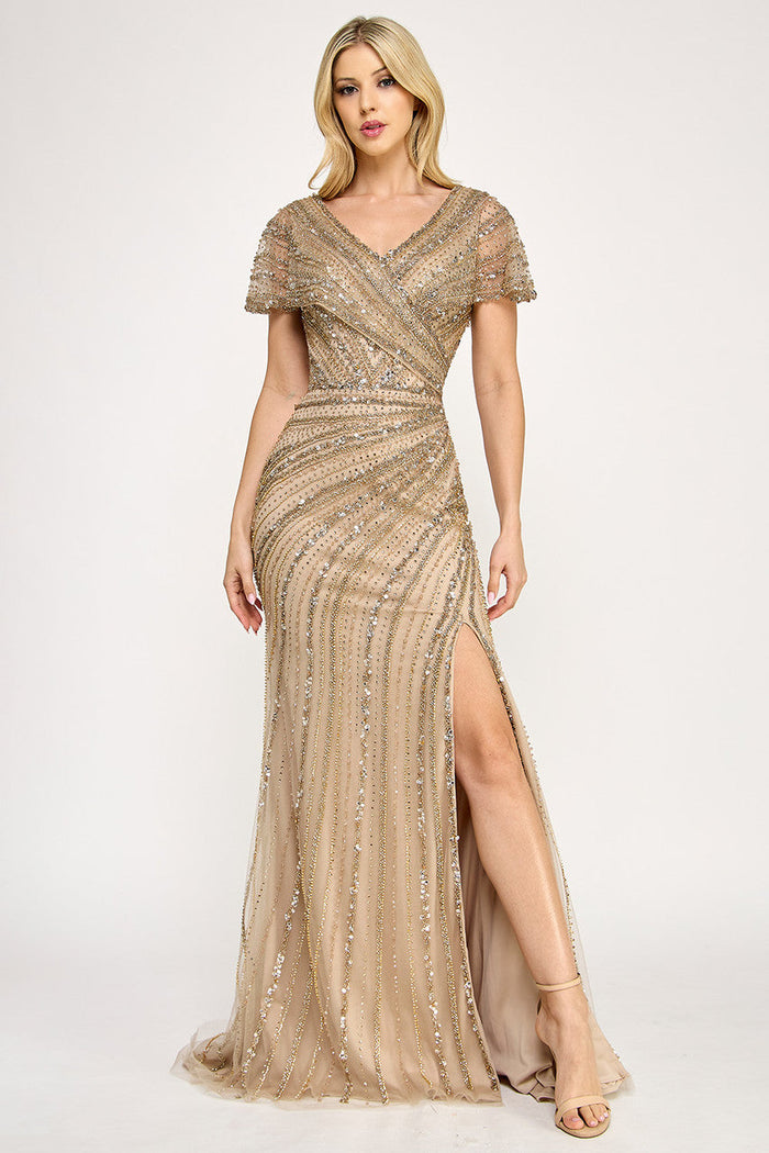 Lenovia 8371 Beaded Mesh Short Sleeve Formal Dress with Slit
