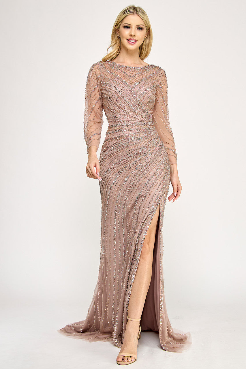 Lenovia 8383 Beaded Illusion Long Sleeve Mesh Mother of Groom Dress
