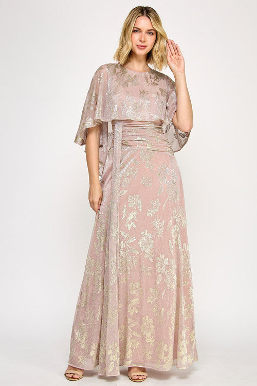 Lenovia 5330 Metallic Floral Foil Poncho Cape Bonded Dress with Fitted Skirt