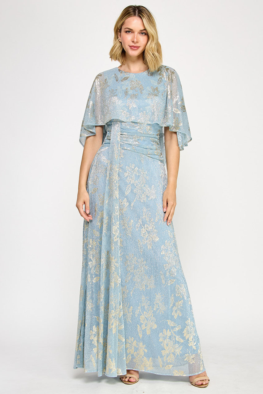 Lenovia 5330 Metallic Floral Foil Poncho Cape Bonded Dress with Fitted Skirt