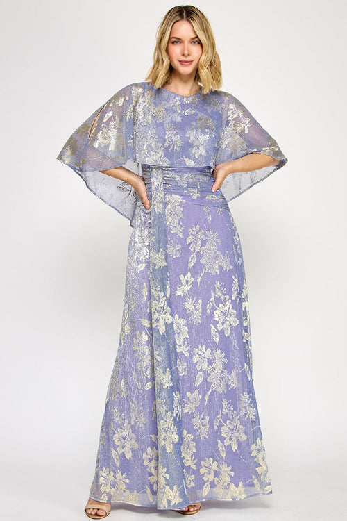Lenovia 5330 Metallic Floral Foil Poncho Cape Bonded Dress with Fitted Skirt