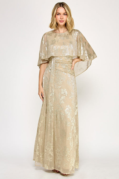 Lenovia 5330 Metallic Floral Foil Poncho Cape Bonded Dress with Fitted Skirt