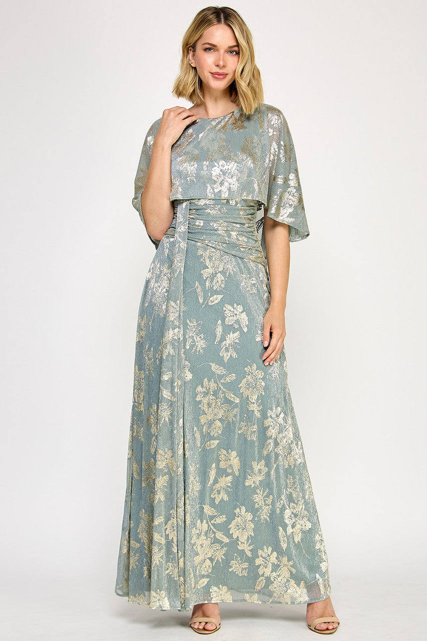 Lenovia 5330 Metallic Floral Foil Poncho Cape Bonded Dress with Fitted Skirt
