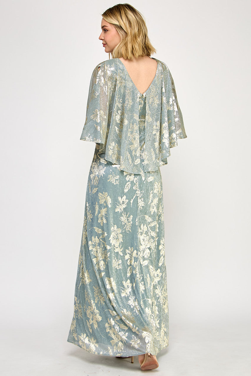 Lenovia 5330 Metallic Floral Foil Poncho Cape Bonded Dress with Fitted Skirt