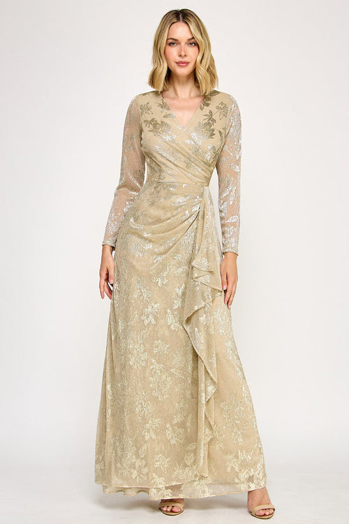 Lenovia 5333 Foil Floral Wrap Bonded Dress with Sheer Sleeves
