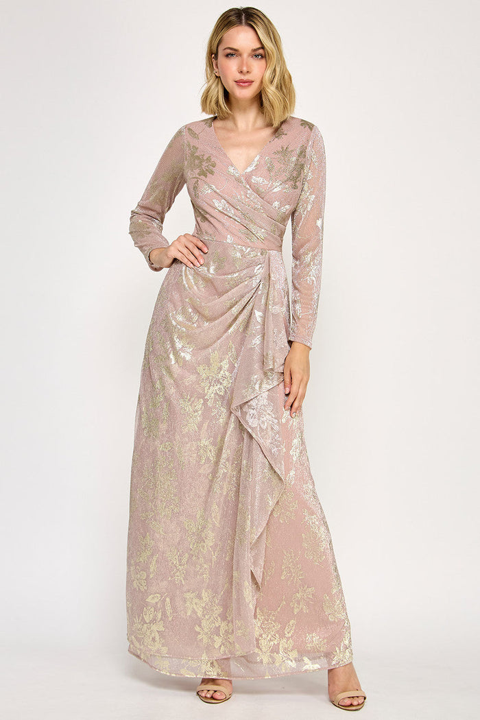 Lenovia 5333 Foil Floral Wrap Bonded Dress with Sheer Sleeves