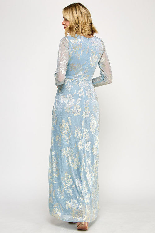 Lenovia 5333 Foil Floral Wrap Bonded Dress with Sheer Sleeves