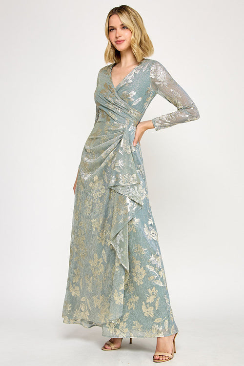 Lenovia 5333 Foil Floral Wrap Bonded Dress with Sheer Sleeves