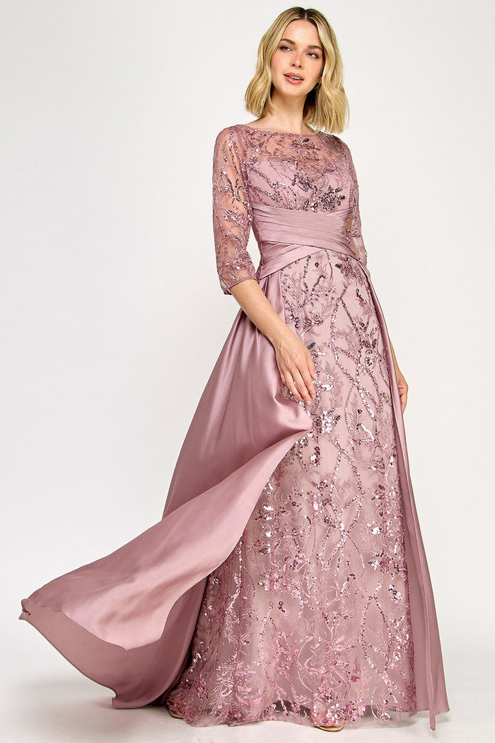 Lenovia 8355 Embroidered 3/4 Sleeve Sateen & Sequin Mother of the Bride Dress