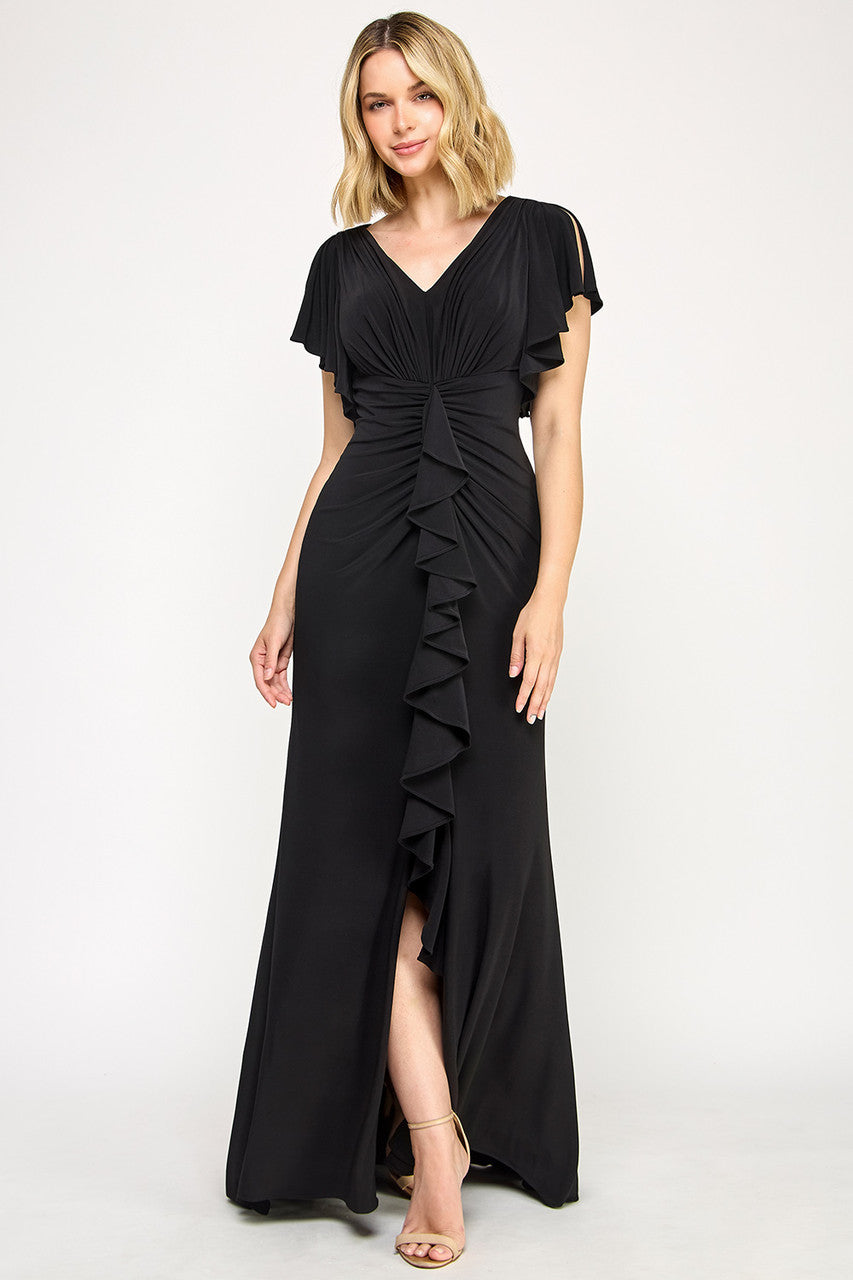 Lenovia 8376 Ruffled Short Sleeve Drape Sleeve Stretch Knit Dress