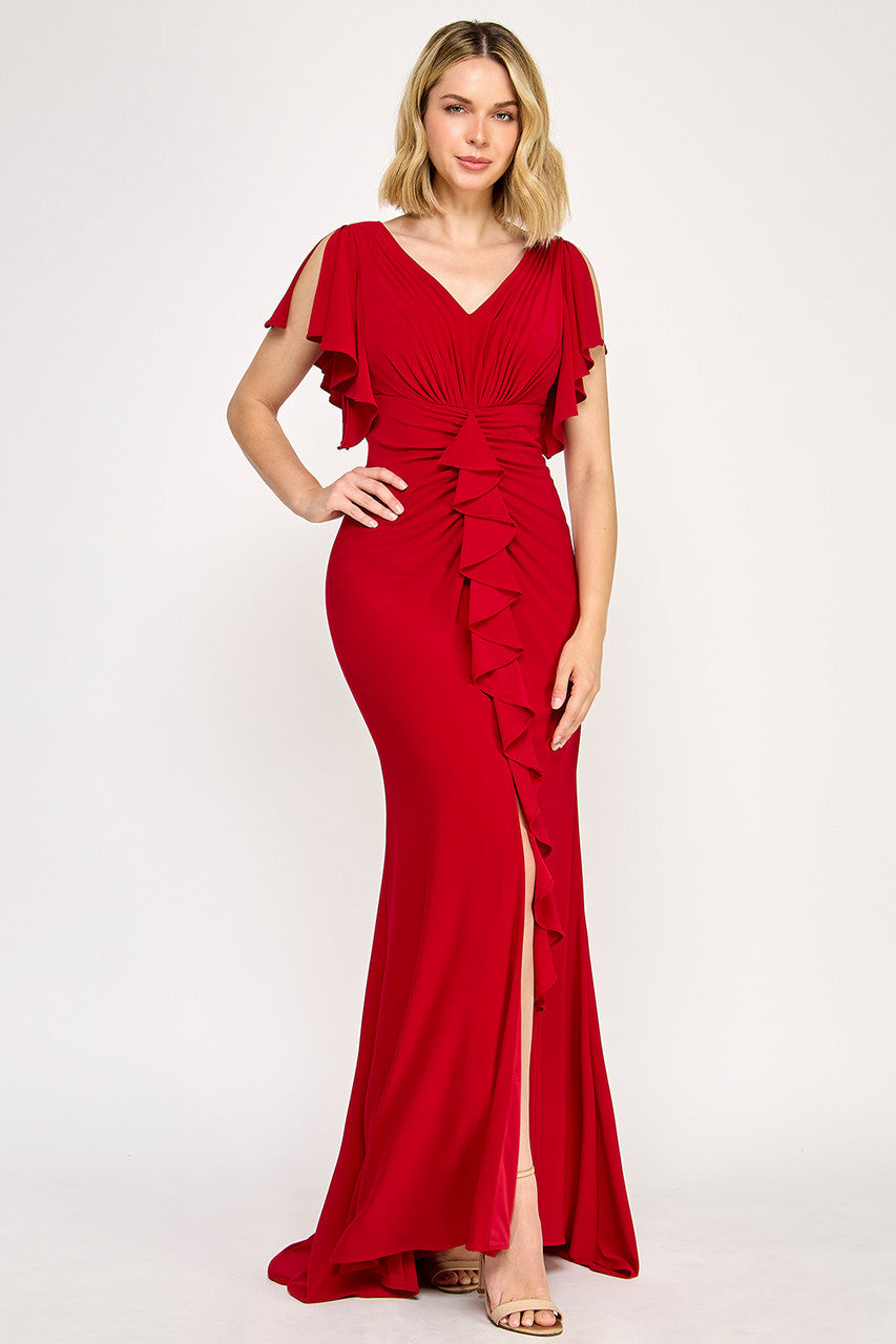 Lenovia 8376 Ruffled Short Sleeve Drape Sleeve Stretch Knit Dress