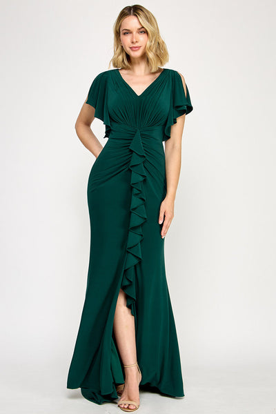 Lenovia 8376 Ruffled Short Sleeve Drape Sleeve Stretch Knit Dress