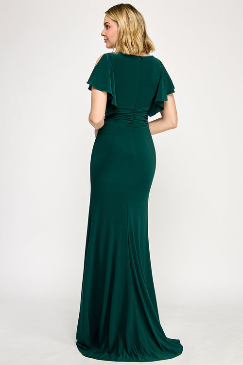 Lenovia 8376 Ruffled Short Sleeve Drape Sleeve Stretch Knit Dress