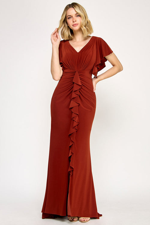 Lenovia 8376 Ruffled Short Sleeve Drape Sleeve Stretch Knit Dress
