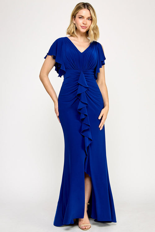 Lenovia 8376 Ruffled Short Sleeve Drape Sleeve Stretch Knit Dress