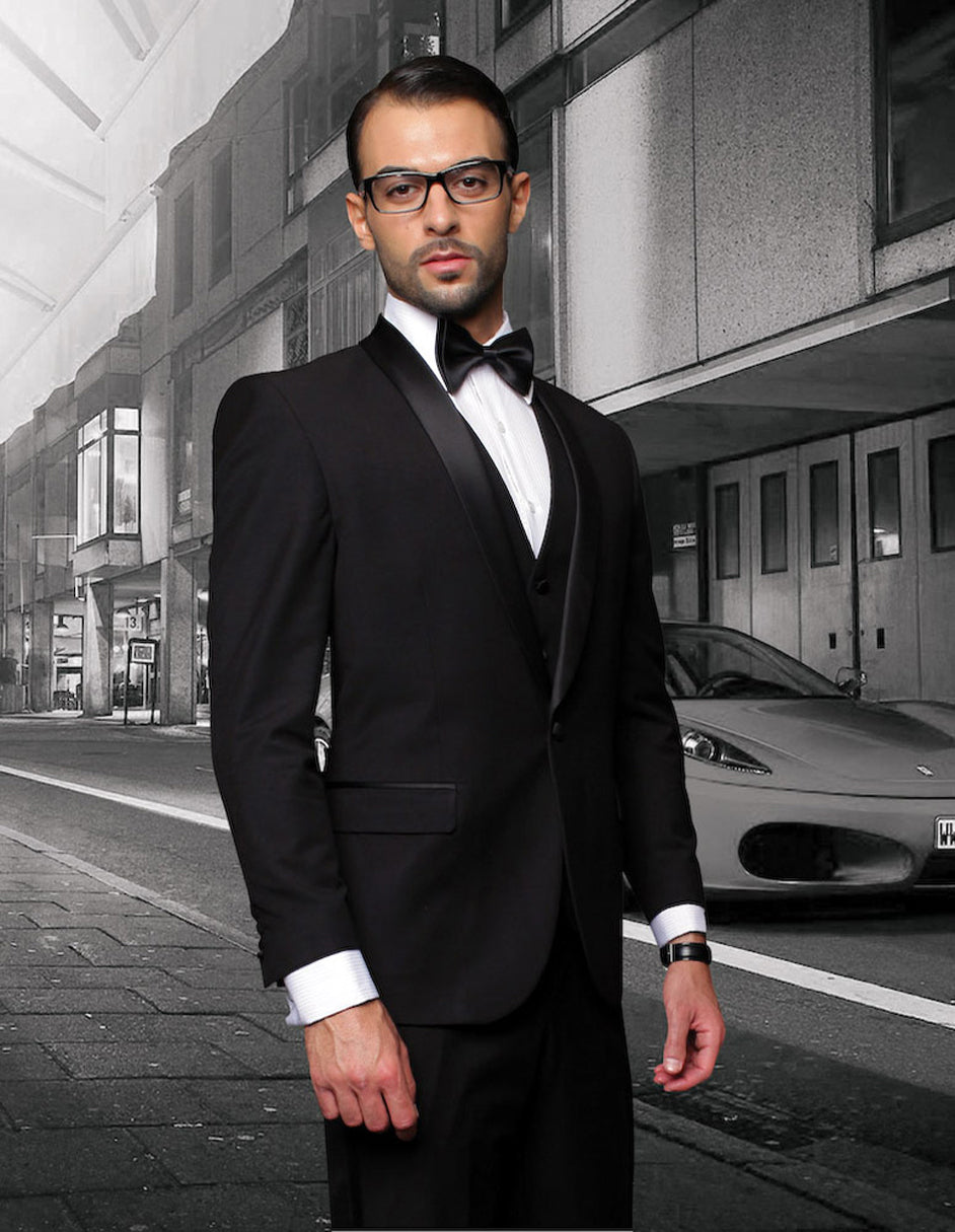 Mens Wool One Button Modern Fit Vested Shawl Prom Tuxedo in Black by Statement