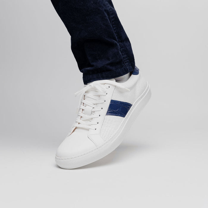 Zelli Olympias Crocodile-Trimmed Calfskin Sneakers in White and Navy