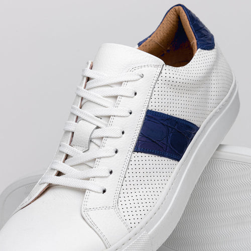 Zelli Olympias Crocodile-Trimmed Calfskin Sneakers in White and Navy