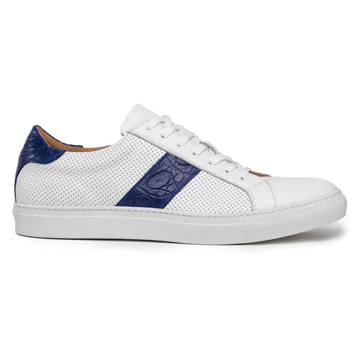 Zelli Olympias Crocodile-Trimmed Calfskin Sneakers in White and Navy