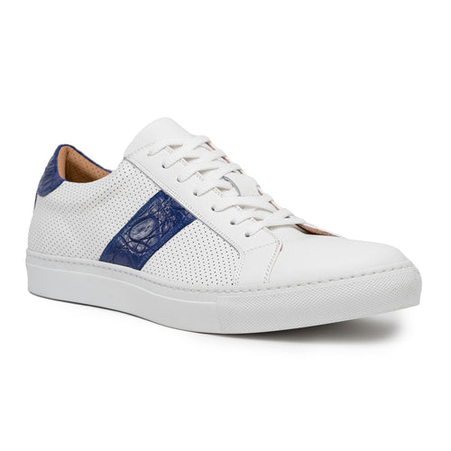 Zelli Olympias Crocodile-Trimmed Calfskin Sneakers in White and Navy