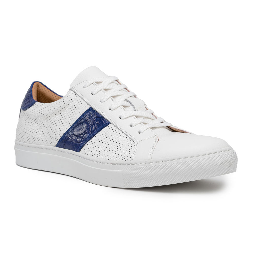 Zelli Olympias Crocodile-Trimmed Calfskin Sneakers in White and Navy