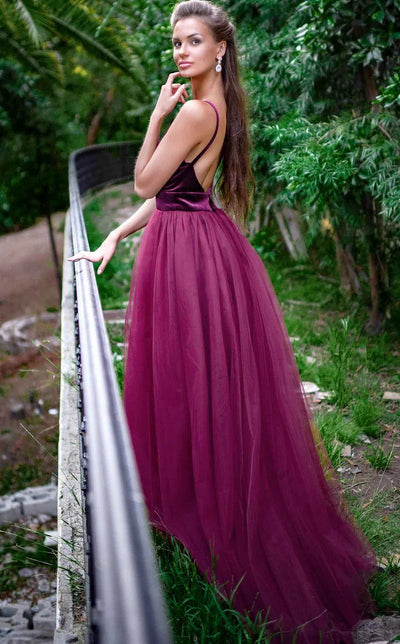Jessica Angel JA624 Spaghetti Strap A-Line Court Train Slit Velvet Dress