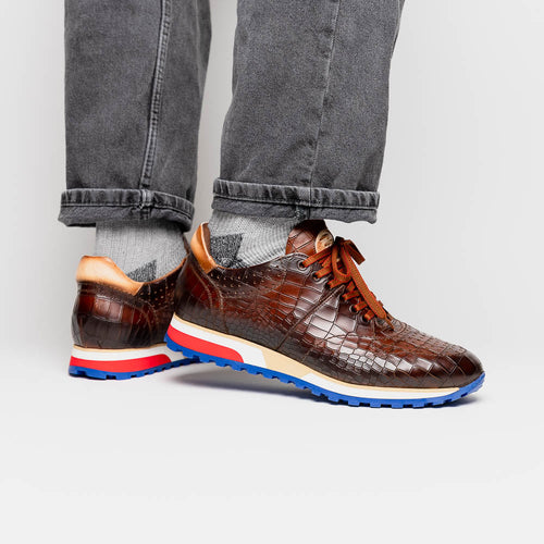 Zelli Rocco Hand-Burnished Embossed Crocodile Sneakers in Brown