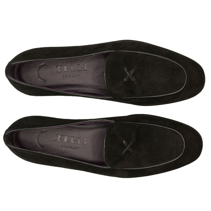 Zelli Hand-Stitched Sueded Goatskin Loafer with Crocodile Vamp in Black