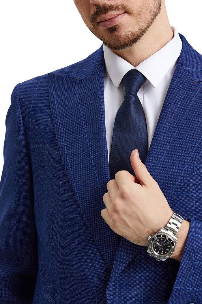 Men's Stacy Adams Peak Lapel Blue Windowpane Plaid Suit with a Scoop Neck Vest