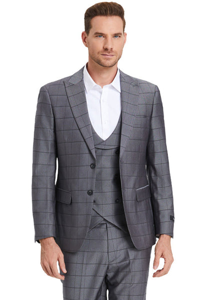 Men's Vested Sharkskin Suit in Charcoal Grey Windowpane