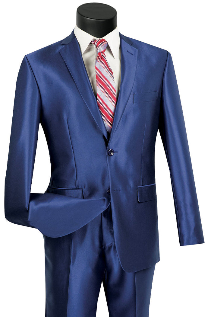 Mens 2 Button Slim Fit Shiny Sharkskin Suit in Purple by Vinci