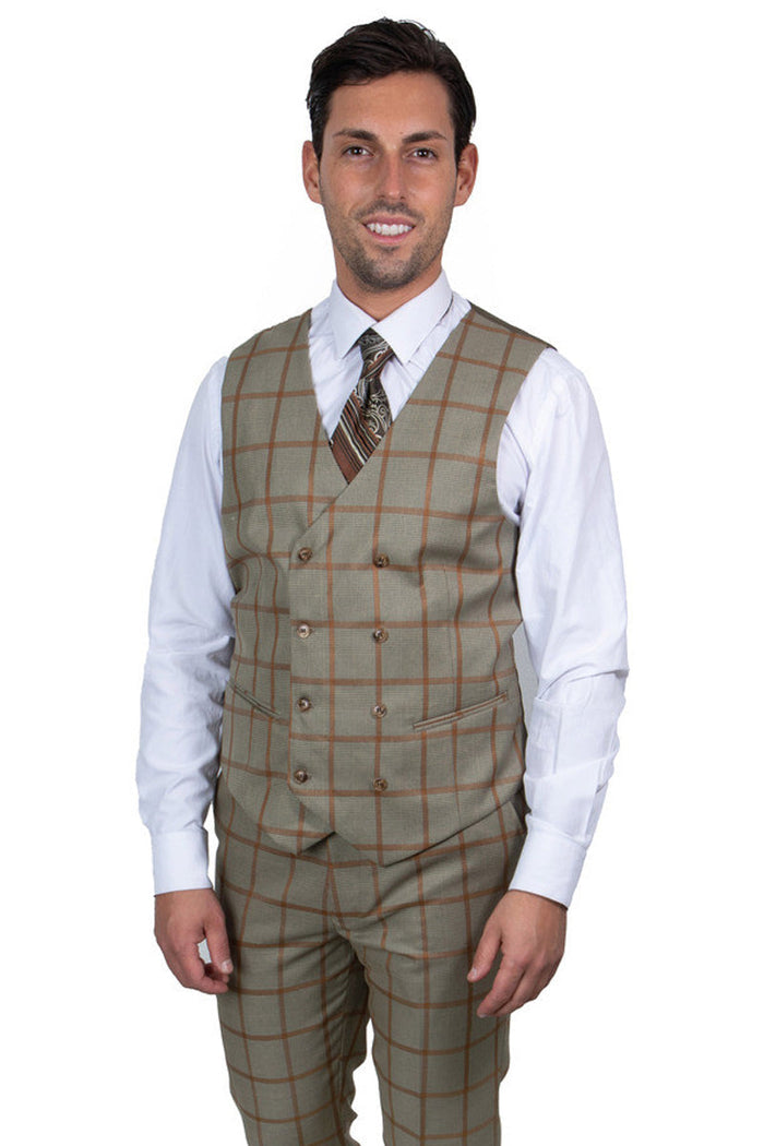Men's Tan & Gold Windowpane Vested Suit by Stacy Adams