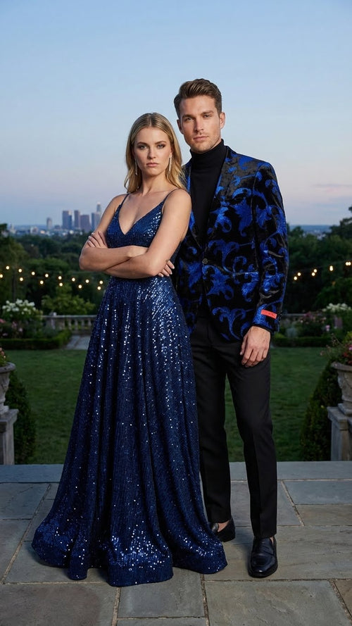 Men’s Black and Royal Blue Patterned Blazer – Paisley Floral Sport Coat Prom Jacket