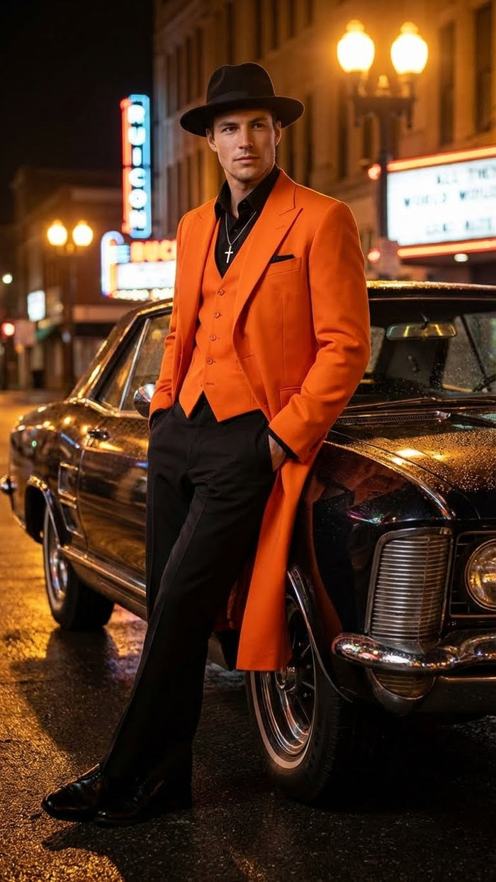 Men’s halloween Costume Orange Long Zoot Suit Set With Black Shirt and Black Pants included by USA Men's Outlet