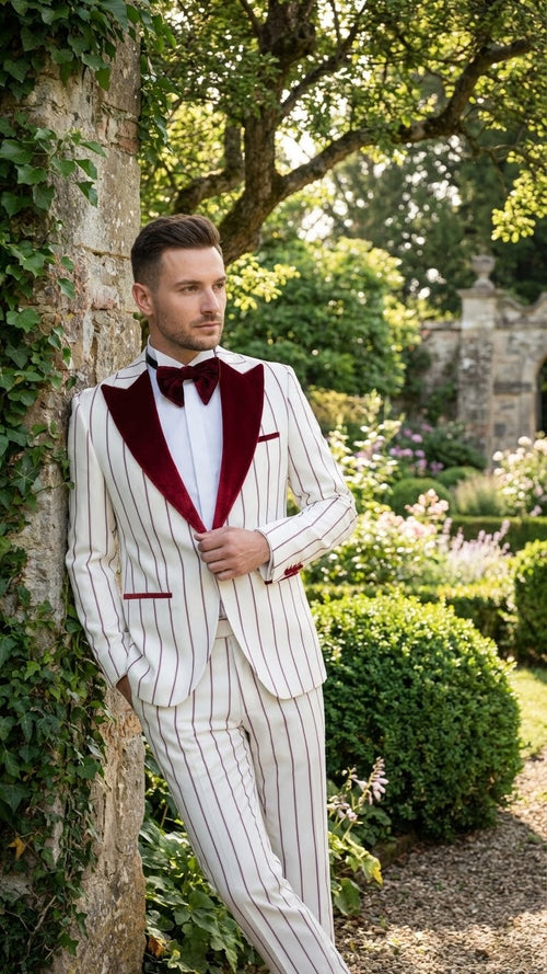 Men’s White and Dark Red Pinstripe Tuxedo with Velvet Shawl Lapel - Formal Dinner Blazer Prom Christmas New Year Holiday Suit by USA Men's Outlet