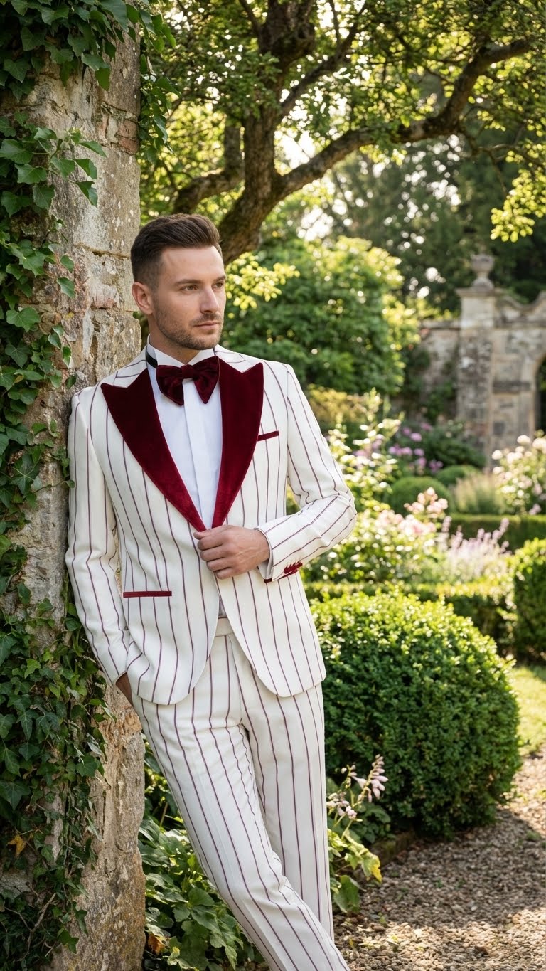 Men’s White and Dark Red Pinstripe Tuxedo with Velvet Shawl Lapel - Formal Dinner Blazer Prom Christmas New Year Holiday Suit by USA Men's Outlet