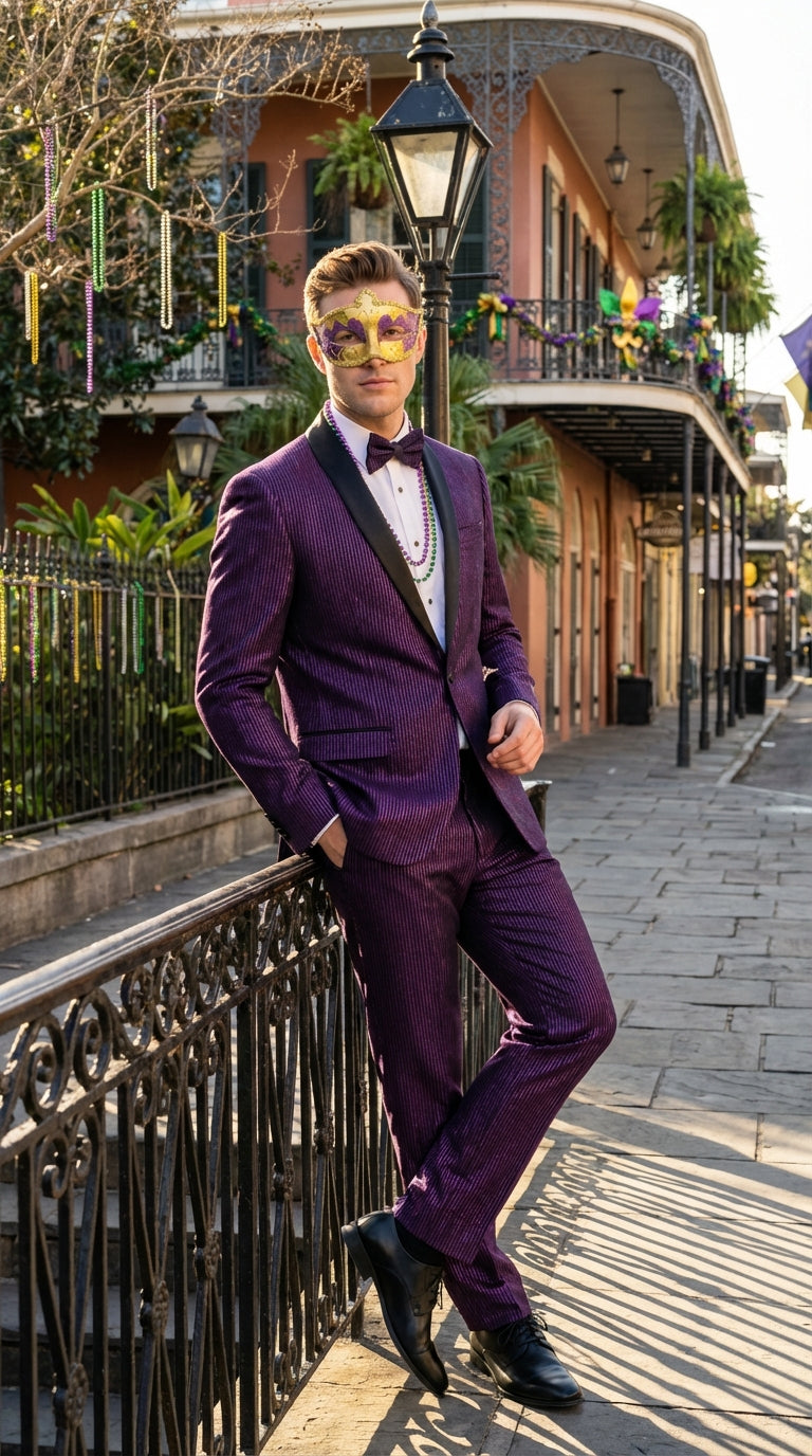 Mens Purple Shimmer Mardi Gras Suit with Black Satin Lapel – Shiny Metallic Formal Party and Carnival Suit Sequin Look