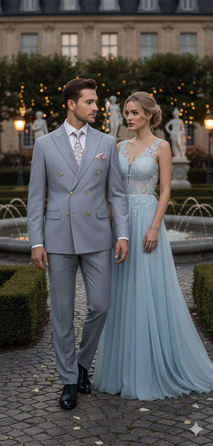 Mens Silver Grey Double-Breasted 3-Piece Suit - Classic Tailored Fit with Peak Lapel and Gold Buttons for Weddings, Church and Formal Events by USA Men's Outlet