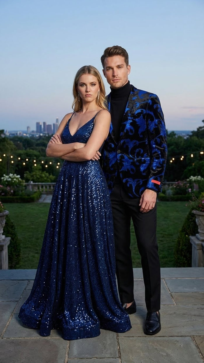 Men’s Black and Royal Blue Patterned Blazer - Paisley Floral Sport Coat Prom Jacket by USA Men's Outlet