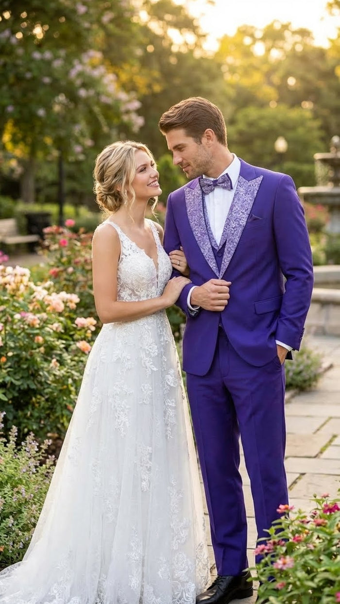 Men’s Purple and white sivler lapel Embellished Tuxedo Suit - Formal Wedding, Prom, and Gala Outfit Mardi Gras - USA Men's Outlet