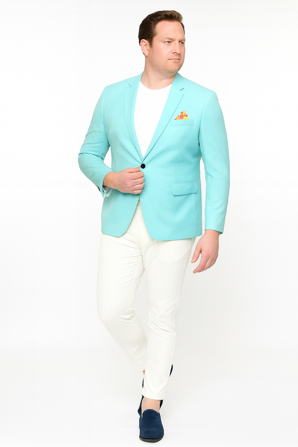 Men’s Aqua Blazer – Slim Fit One Button Suit Jacket with Stylish Floral Inner Lining - Light Turquoise