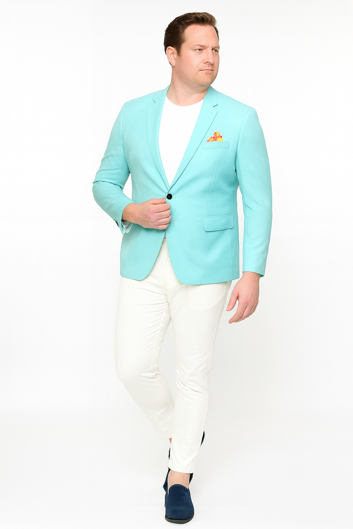 Men’s Aqua Blazer - Slim Fit One Button Suit Jacket with Stylish Floral Inner Lining - Light Turquoise by USA Men's Outlet