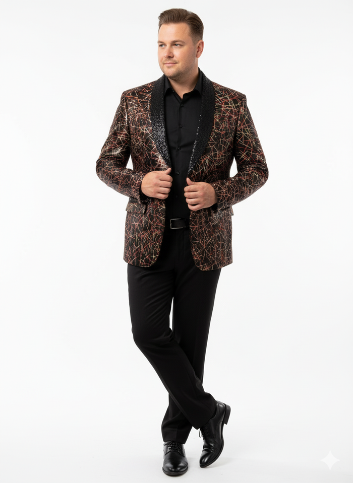 Men’s Black Shiny Designer Blazer with Red and Gold Pattern - Luxury Party & Wedding Jacket by USA Men's Outlet