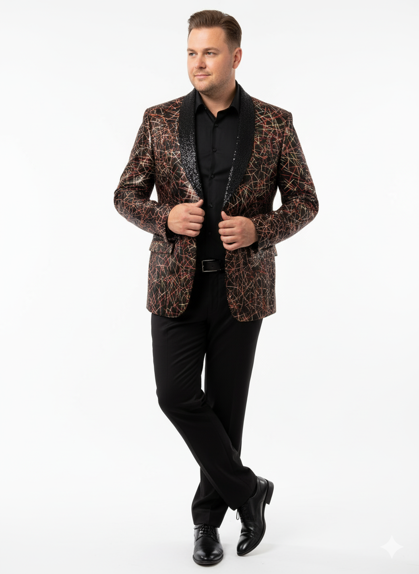 Men’s Black Shiny Designer Blazer with Red and Gold Pattern - Luxury Party & Wedding Jacket by USA Men's Outlet
