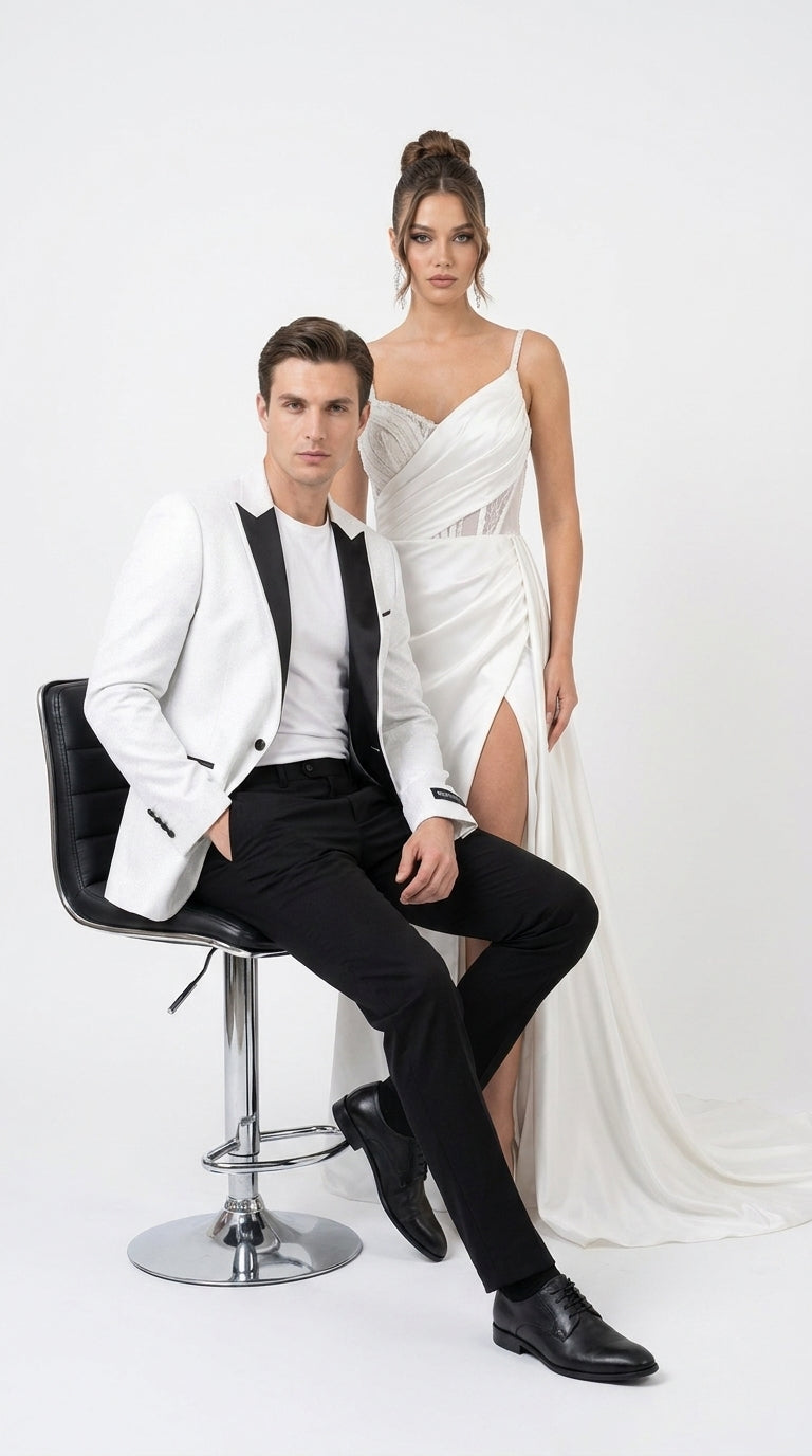 Men's White Sparkle Dinner Jacket – Black Satin Shawl Lapel Tuxedo Blazer   Slim Fit Sequin Shiny Prom Jacket