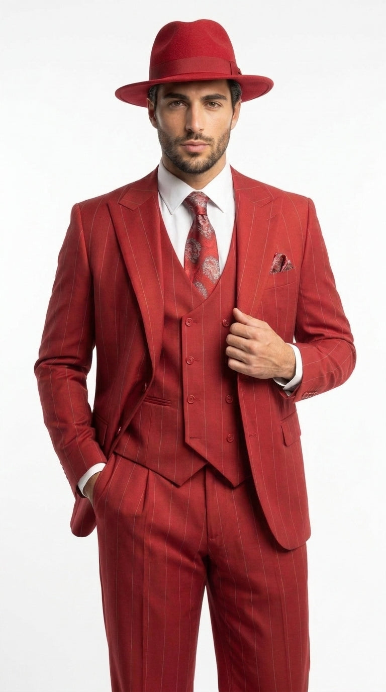 Men’s Red & White Pinstripe 3-Piece Suit by Mazari – Peak Lapel Classic Fit Gangster Suit with Pleated Pants