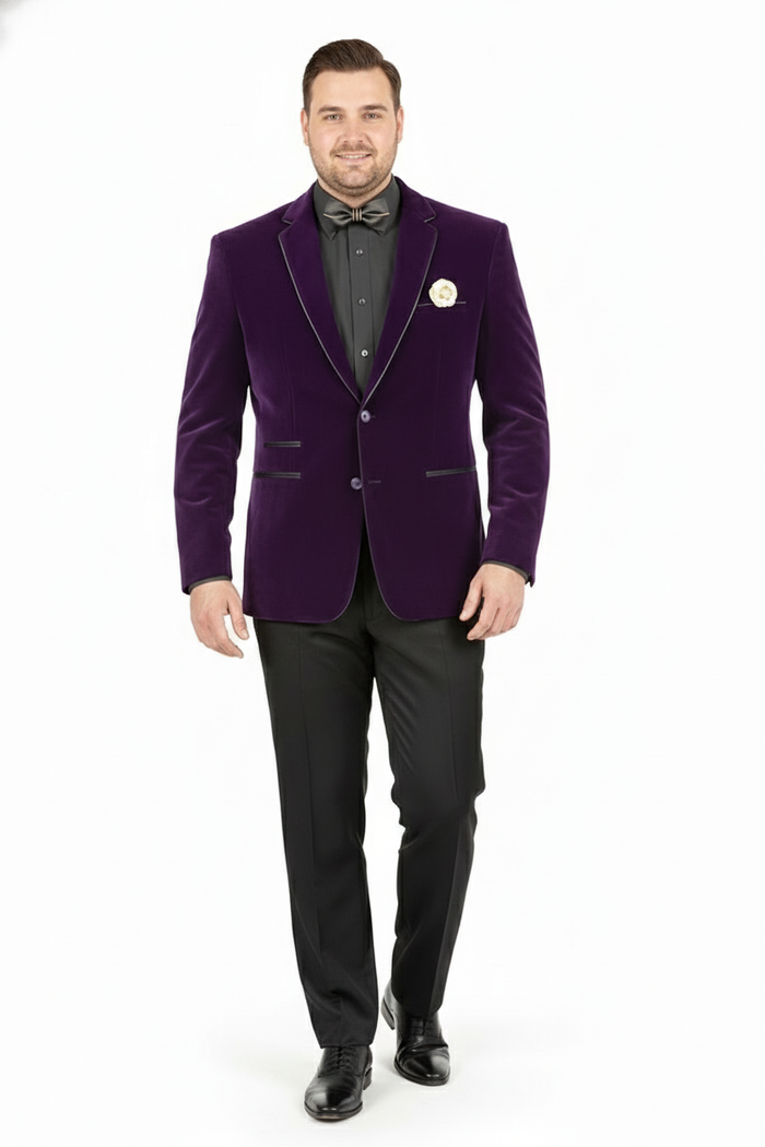 Men’s Purple Velvet Blazer - Luxury Slim Fit Formal Jacket with Black Satin Trim Tuxedo Dinner Jacket by USA Men's Outlet